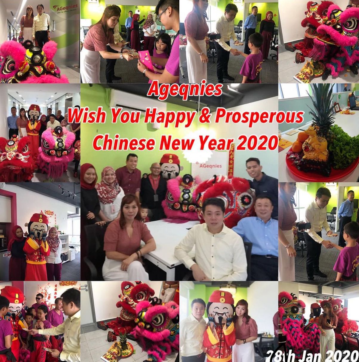 AGeqnies staff at the office during Chinese New Year, 28 January 2020. Lion dance, ang pao, and the team on the floor.