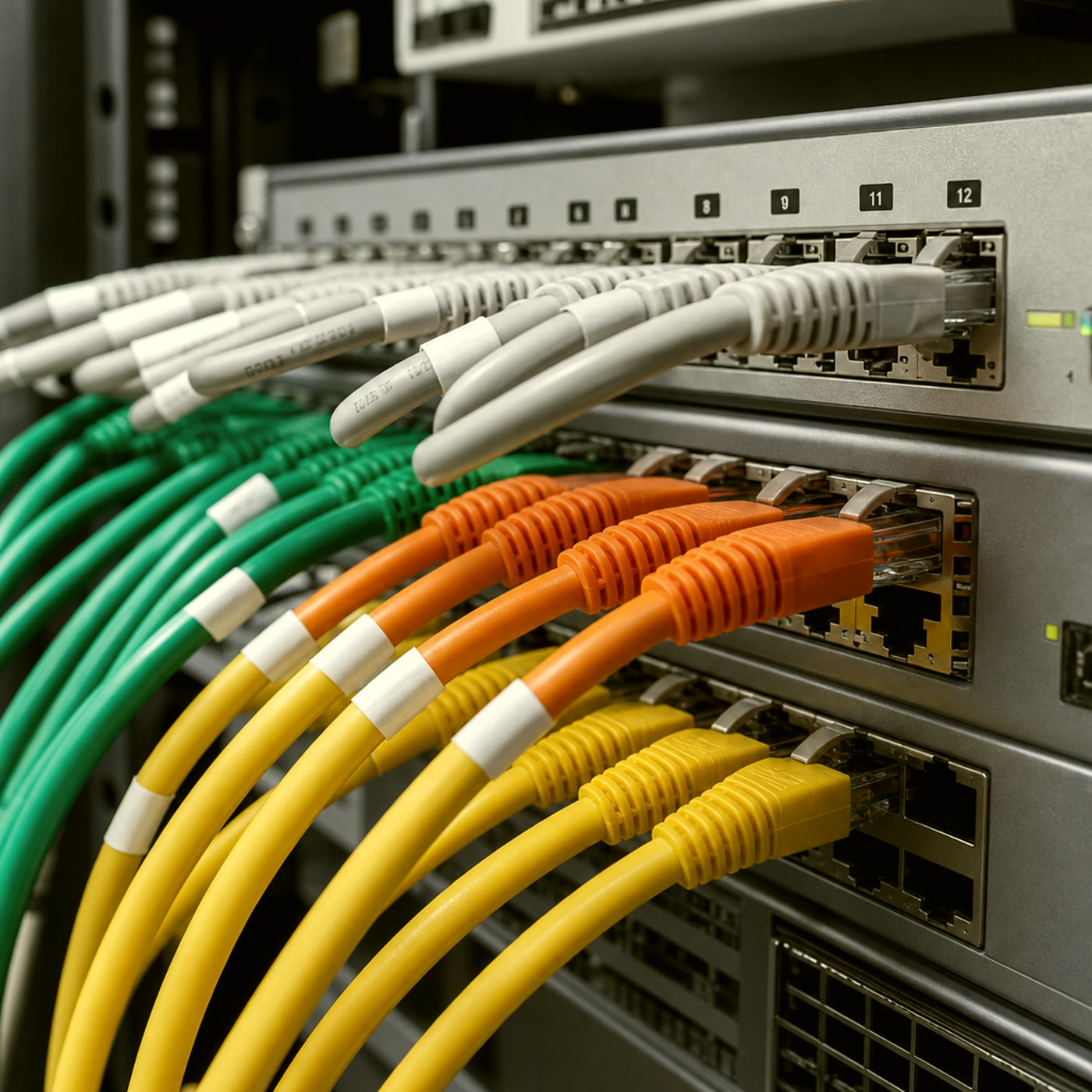 Colour-coded ethernet patch cables seated in a network switch